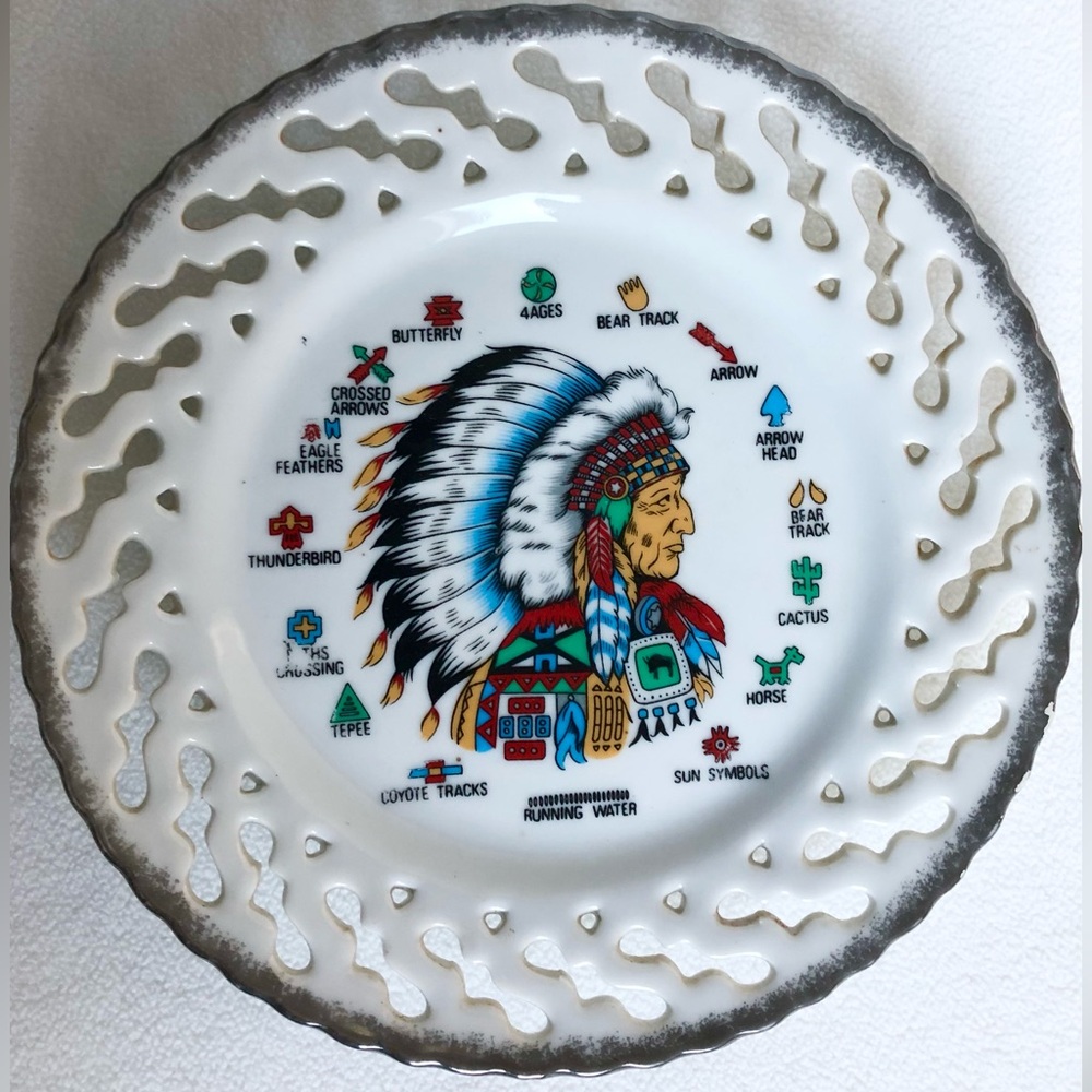 Vintage Native American Chief Decorative Plate With Symbals